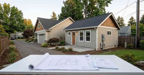 Permitted detached accessory dwelling unit beside a primary residence, representing ADU legal classification and state-specific housing regulations.