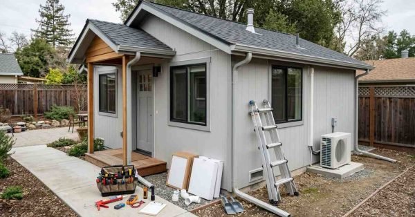 Detached ADU being maintained with inspection tools, HVAC equipment, roof drainage, siding, utilities, and exterior systems in good working condition.