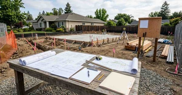 ADU permitting scene with blank architectural plans, survey documents, construction paperwork, foundation work, framing, and utility preparation on a residential lot.