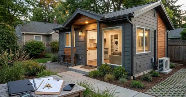 Detached ADU designed as a rental property with a private entrance, parking, patio, low-maintenance landscaping, and comfortable independent living space.