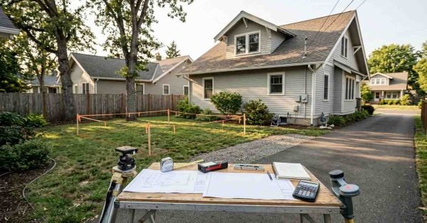 Residential property being evaluated for an ADU, showing backyard buildable area, setbacks, utilities, access, drainage, slope, trees, and site-survey equipment.