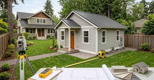 Detached ADU with realistic compact dimensions and surveying equipment illustrating building footprint, height, size, and square-footage considerations.