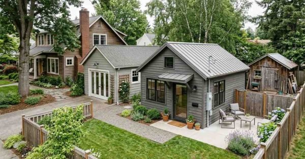 Detached ADU on a residential property with a private entrance, permanent foundation, independent utilities, dedicated pathway, and complete living-space design.