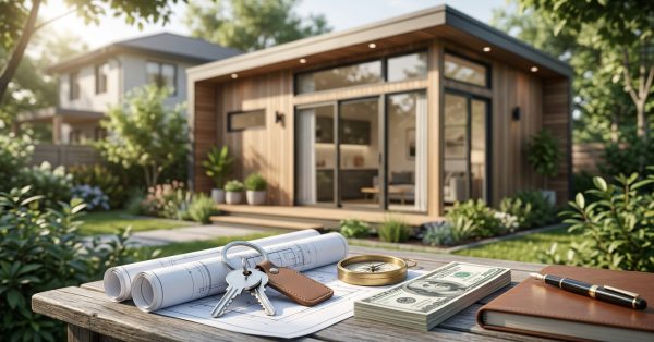 Backyard ADU investment concept with house plans, keys, cash, and a notebook displayed in front of a modern garden cottage.