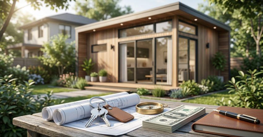 Backyard ADU investment concept with house plans, keys, cash, and a notebook displayed in front of a modern garden cottage.
