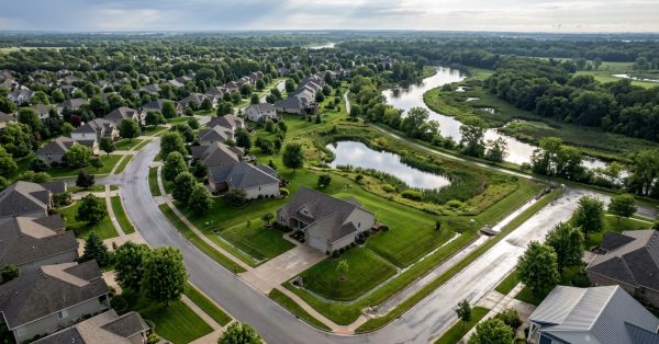 Aerial view of residential neighborhood with stormwater pond and natural waterway