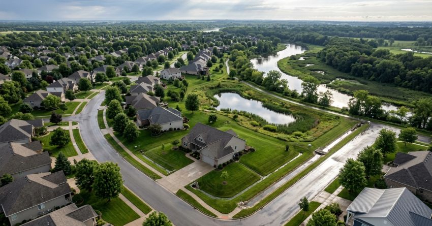 Aerial view of residential neighborhood with stormwater pond and natural waterway
