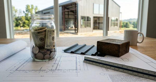 Savings jar, building plans, and construction materials for barndominium budgeting.