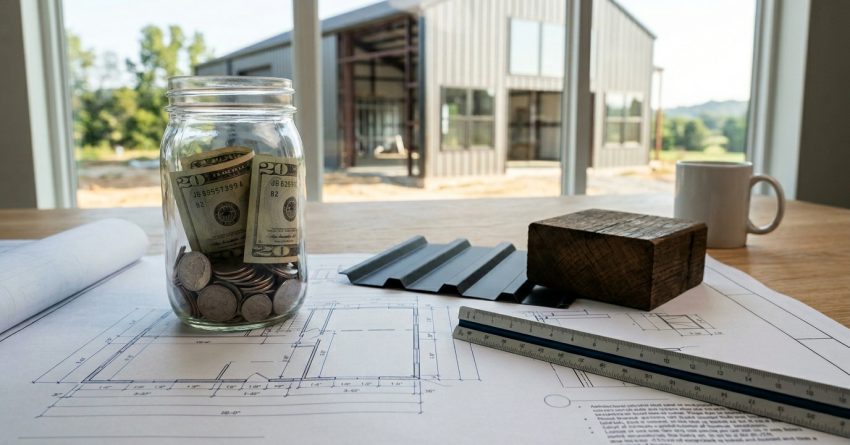 Savings jar, building plans, and construction materials for barndominium budgeting.