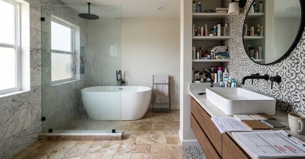 Recently renovated bathroom featuring a freestanding tub, vessel sink, open shelving, dark fixtures, frameless shower, and other popular upgrades that can create maintenance, storage, or functionality issues for homeowners.