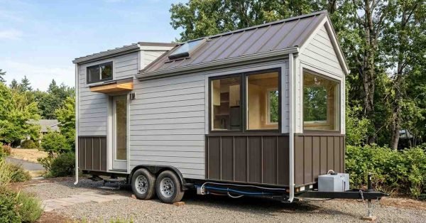 Tiny house on wheels built with durable lightweight materials including metal roofing, resilient siding, energy-efficient windows, wood interior finishes, and vinyl flooring.