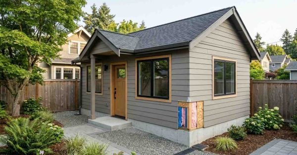 Real detached ADU showcasing durable siding, architectural roofing, energy-efficient windows, insulated door, and quality residential construction materials.