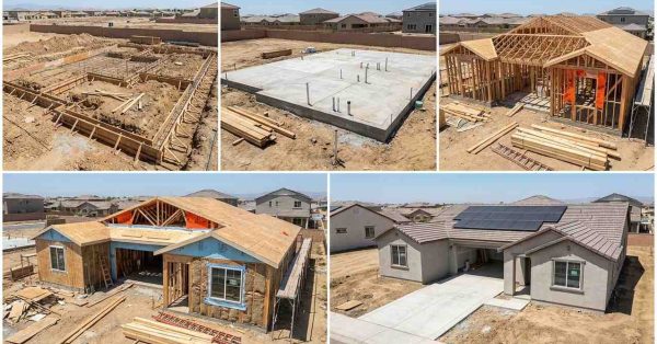 Photorealistic California new home construction inspection process showing a residential project progressing through multiple mandatory inspection stages before occupancy approval. A modern suburban California home is displayed at various phases of construction, with realistic building practices, materials, and code-compliance details visible throughout. Visible California inspection milestones include: Excavation and foundation footing inspection Reinforced concrete foundation and slab inspection Structural framing inspection Roof sheathing and structural connection inspection Electrical rough-in inspection Plumbing rough-in inspection Mechanical and HVAC rough-in inspection Fire-blocking and draft-stopping verification Insulation and energy-code compliance inspection Window flashing and weather barrier inspection Solar-ready and energy-efficiency components Attic ventilation and roof ventilation systems Exterior stucco and weatherproofing details Final building inspection before occupancy Safety systems including smoke and carbon monoxide detectors Construction details include: Exposed wall framing Electrical wiring Plumbing pipes HVAC ductwork Insulation installations Concrete foundation work Roof trusses House wrap and flashing systems Driveways and exterior grading The home appears at multiple realistic stages of construction within a suburban California development. Authentic job-site conditions include lumber stacks, insulation bundles, ladders, scaffolding, construction debris, utility connections, and unfinished surfaces. Bright California daylight, realistic materials, true-to-life colors, natural shadows, documentary-style construction photography, DSLR camera quality, professional architectural photography, sharp focus, authentic residential construction environment. Negative Prompt: CGI, rendering, illustration, cartoon, concept art, AI-generated look, futuristic architecture, luxury mansion, dramatic cinematic lighting, oversaturated colors, people, inspectors, workers, text, labels, arrows, diagrams, permit signs, logos, watermarks.