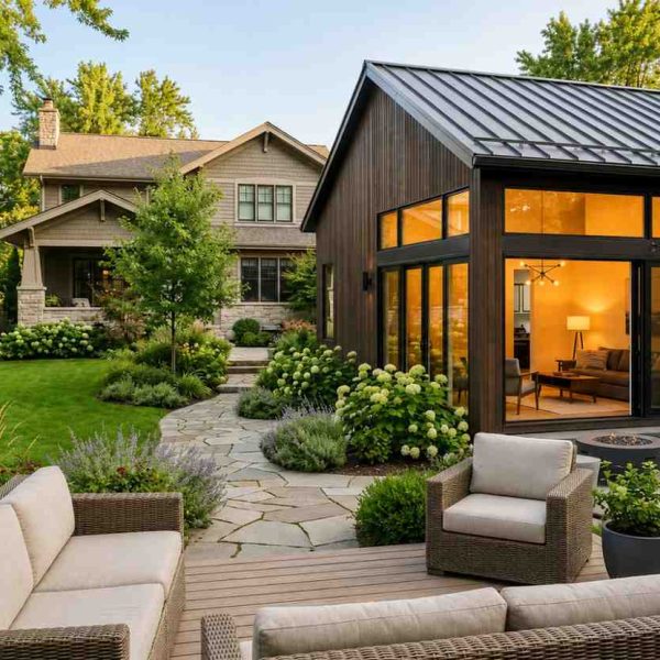 Modern backyard ADU with floor-to-ceiling windows, metal roofing, and landscaped outdoor living space. Contemporary accessory dwelling unit offers energy-efficient design, luxury finishes, and flexible housing solutions for guest accommodations, rental income, home office use, and multigenerational living.