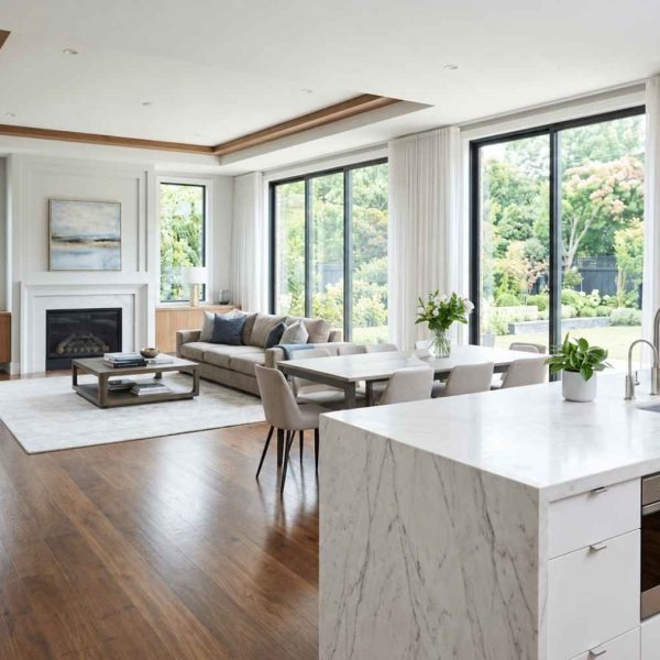 Modern open-concept kitchen and living room featuring a white marble waterfall island, hardwood floors, floor-to-ceiling windows, contemporary fireplace, custom wood cabinetry, stainless steel appliances, and abundant natural light overlooking a landscaped backyard—luxury modern home interior design ideal for family living and entertaining.