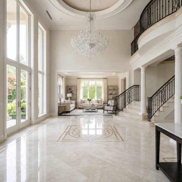 Luxury mansion foyer with soaring ceilings, crystal chandelier, marble flooring, grand staircase, and floor-to-ceiling windows. Professional housekeeper cleaning an elegant entryway in a high-end residential home, showcasing premium home cleaning services, luxury interior design, and immaculate property maintenanc