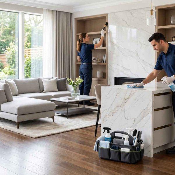 Professional house cleaning team servicing a luxury modern living room and kitchen with marble countertops, hardwood floors, and contemporary furnishings. Residential cleaning services, deep home cleaning, maid service, and premium housekeeping showcased in a bright upscale home interior.