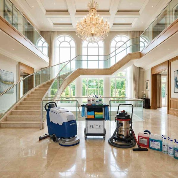 Professional commercial cleaning equipment and eco-friendly cleaning supplies in a luxury mansion foyer with marble floors, grand staircase, and crystal chandelier. High-end residential cleaning services, floor maintenance, deep cleaning, and premium housekeeping showcased in an elegant upscale home interior.