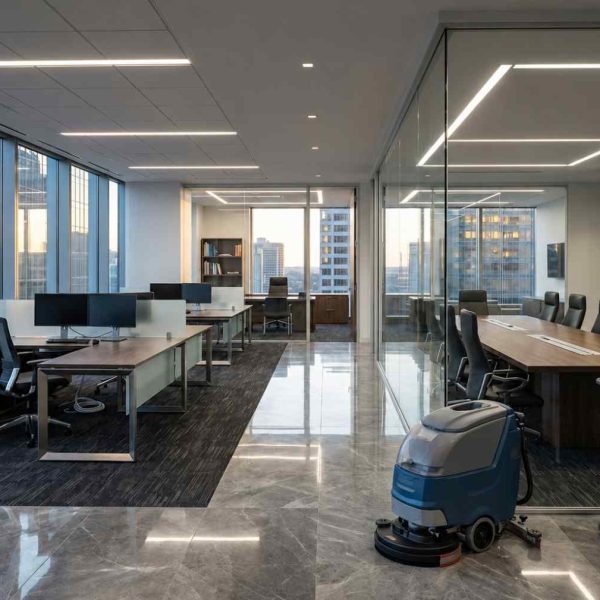 Professional commercial office cleaning service in a modern corporate workspace with glass conference rooms, executive offices, and city skyline views. Floor scrubber machine and cleaning supplies showcase janitorial services, office maintenance, workplace sanitation, and commercial cleaning solutions for business environments.
