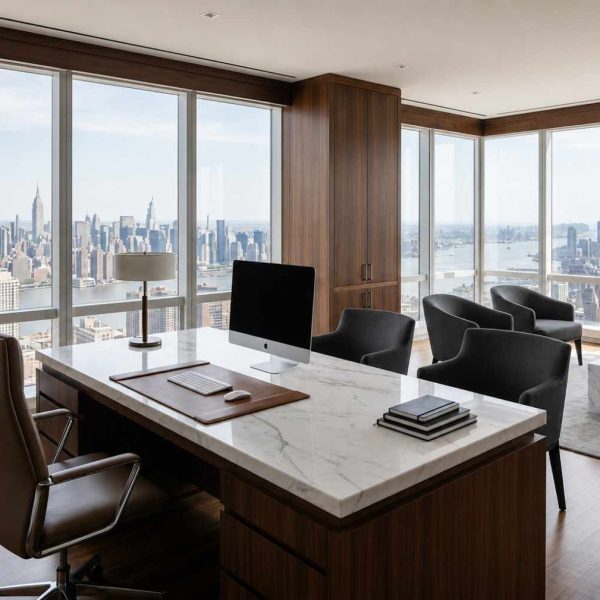 Luxury executive office with a marble desk, floor-to-ceiling windows, panoramic city skyline views, custom wood cabinetry, and contemporary furnishings. High-end corporate workspace showcasing premium office design, luxury commercial real estate, and modern executive suite interiors.
