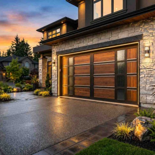 Modern luxury home exterior featuring a contemporary wood-and-glass garage door, stone façade, landscaped driveway, and architectural outdoor lighting at sunset. High-end residential property showcasing premium curb appeal, custom home design, and upscale suburban real estate.