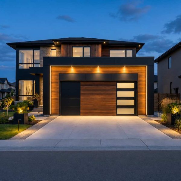 Modern luxury home exterior with a contemporary wood-and-glass garage door, architectural outdoor lighting, landscaped front yard, and spacious driveway at dusk. High-end custom home design showcasing premium curb appeal, modern residential architecture, and upscale suburban real estate.