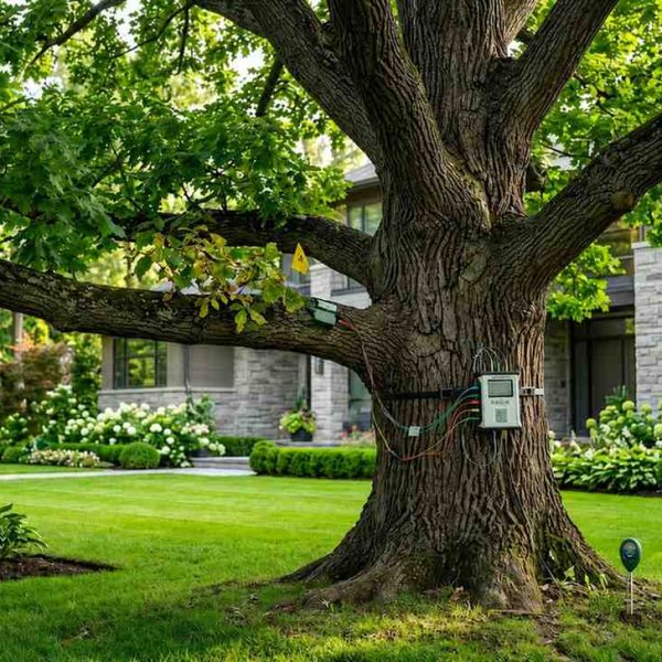 Certified arborist performing tree health monitoring with diagnostic sensors attached to a mature oak tree in a residential landscape. Professional tree care service, tree disease detection, root health assessment, and preventive arboriculture maintenance helping protect valuable shade trees and enhance property landscaping.