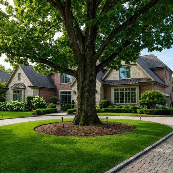 Professional tree care service treating a mature shade tree in a residential landscape. Certified arborists providing deep root fertilization, tree health care, disease prevention, and maintenance to improve tree vitality, enhance curb appeal, protect property value, and support long-term landscape health.