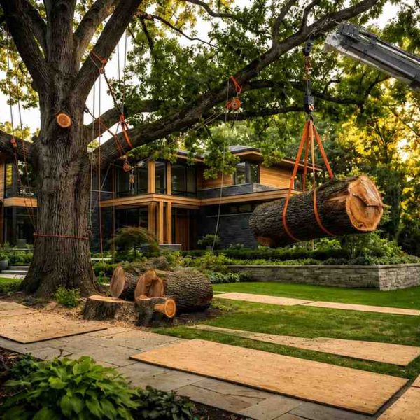 Professional tree removal service using a crane to safely lower large oak tree sections beside a modern residential home, showcasing expert arborist work, precision rigging, hazardous tree cutting, and residential landscape protection.