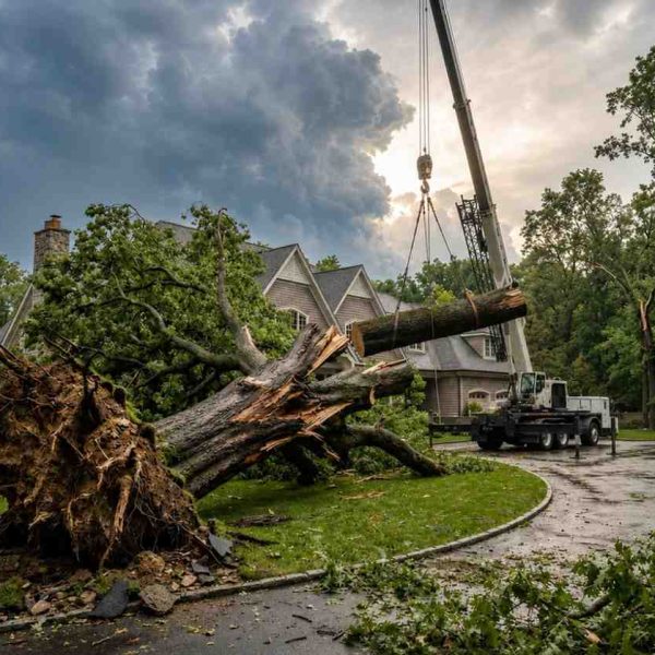 Emergency storm damage tree removal with crane lifting a fallen uprooted tree from a residential property, highlighting professional arborist services, storm cleanup, hazardous tree removal, emergency response, and safe debris management after severe weather.