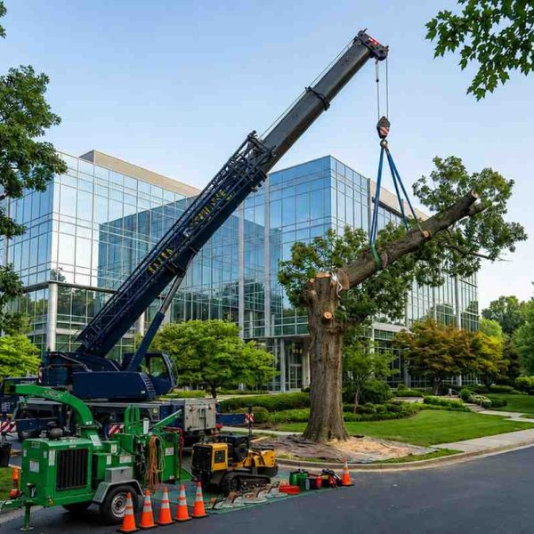 Commercial tree removal service using a crane to safely remove large tree sections near an office building, showcasing professional arborist expertise, crane-assisted tree cutting, hazardous tree removal, and property protection for commercial landscaping projects.