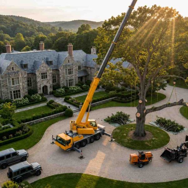 Crane-assisted tree removal at a luxury estate, with professional arborists safely dismantling a large mature tree, showcasing expert tree care, precision rigging, hazardous limb removal, and landscape protection for high-value residential properties.