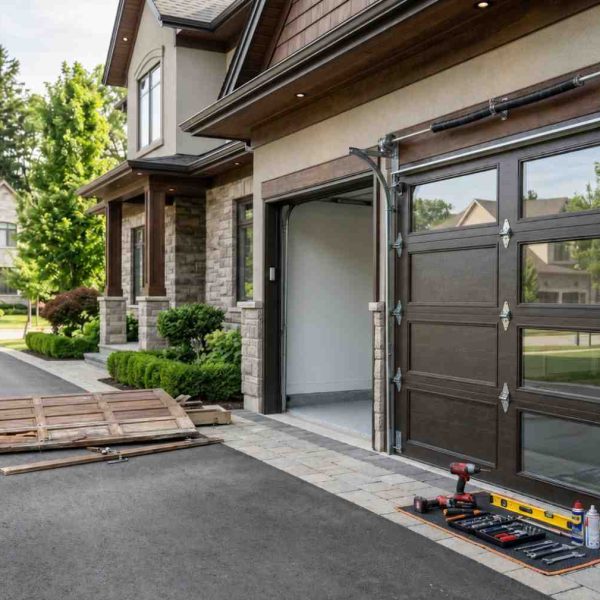 Modern residential garage door installation on a luxury suburban home, featuring a dark wood-style sectional garage door with windows, professional tools, and a newly renovated driveway. Home exterior improvement project showcasing garage door replacement, curb appeal enhancement, and residential property maintenance.