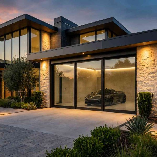 Modern luxury home with a frameless glass garage door showcasing a high-end sports car, illuminated stone exterior, and contemporary architecture at sunset. Premium residential design featuring sleek landscaping, modern garage solutions, upscale curb appeal, and luxury real estate aesthetics.