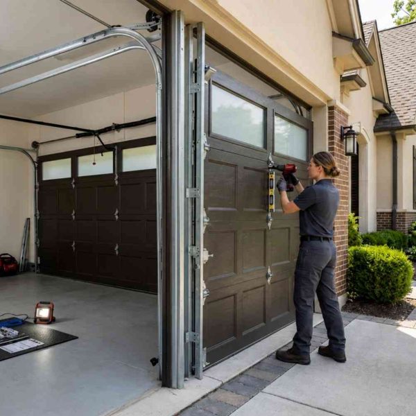 Professional garage door installation technician fitting a modern sectional garage door on a residential home. Expert garage door replacement, repair, and maintenance service with precision alignment, quality hardware installation, and home exterior improvement designed to enhance security, functionality, and curb appeal.