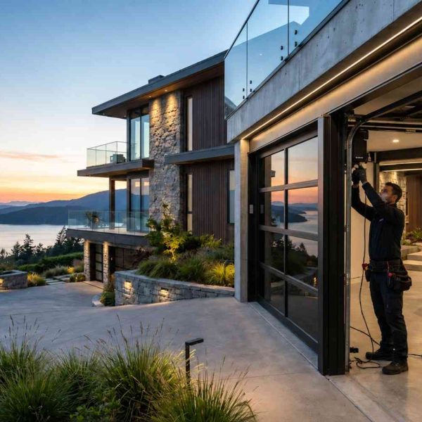 Garage door technician installing a modern glass garage door on a luxury waterfront home at sunset. Professional garage door repair and smart opener installation service featuring contemporary architecture, premium garage solutions, enhanced security, energy efficiency, and high-end residential curb appeal.
