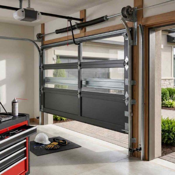 Modern garage door repair and installation showcasing an insulated overhead garage door with upgraded springs, tracks, rollers, and automatic opener. Professional garage door service improves home security, energy efficiency, smooth operation, and curb appeal. Well-maintained garage interior highlights expert residential garage door maintenance and repair solutions.