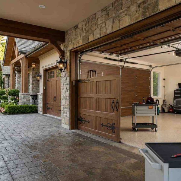 Luxury residential garage featuring a custom wood garage door, professional garage door installation, and maintenance workspace. Modern overhead door system with opener, tracks, and hardware enhances home security, curb appeal, and functionality. Expert garage door repair and installation services ensure smooth operation and long-lasting performance.