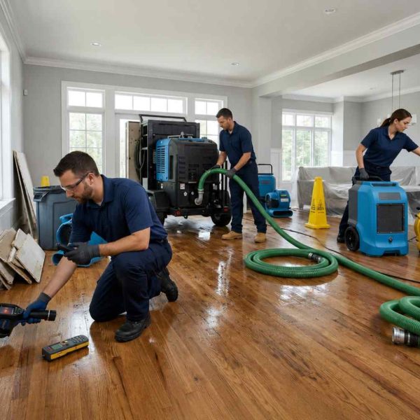 Professional water damage restoration team performing water extraction, structural drying, and moisture detection inside a residential property. Restoration technicians use industrial dehumidifiers, air movers, and moisture meters to mitigate flood damage. Expert water damage cleanup and mold prevention services help restore homes safely and efficiently after water intrusion.