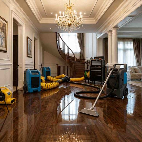 Professional water damage restoration equipment drying hardwood floors in a luxury home after flooding. Commercial dehumidifiers, air movers, moisture meters, and water extraction tools support structural drying and mold prevention. Expert water damage cleanup services help restore residential properties, protect interiors, and accelerate recovery from water intrusion