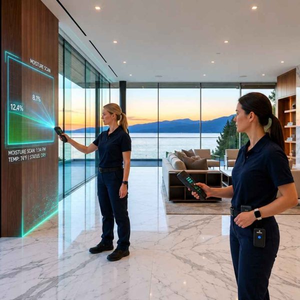 Professional moisture inspection and water damage assessment in a luxury waterfront home using advanced moisture detection technology. Certified restoration technicians identify hidden water intrusion, monitor moisture levels, and prevent mold growth. Expert water damage restoration services help protect residential properties, preserve structural integrity, and support effective remediation efforts.