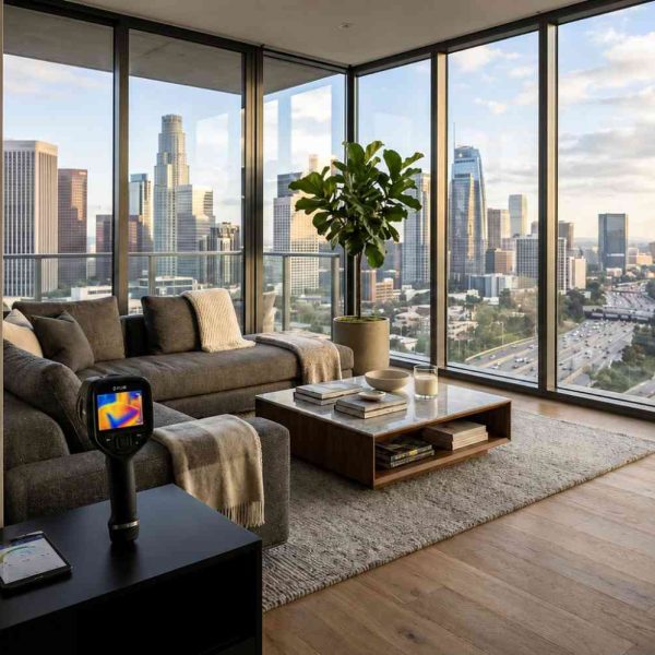 Professional moisture detection and water damage inspection in a luxury high-rise apartment overlooking a city skyline. Thermal imaging camera and moisture meter identify hidden water intrusion, leaks, and humidity issues. Expert water damage assessment services help prevent mold growth, protect property, and support effective restoration planning.