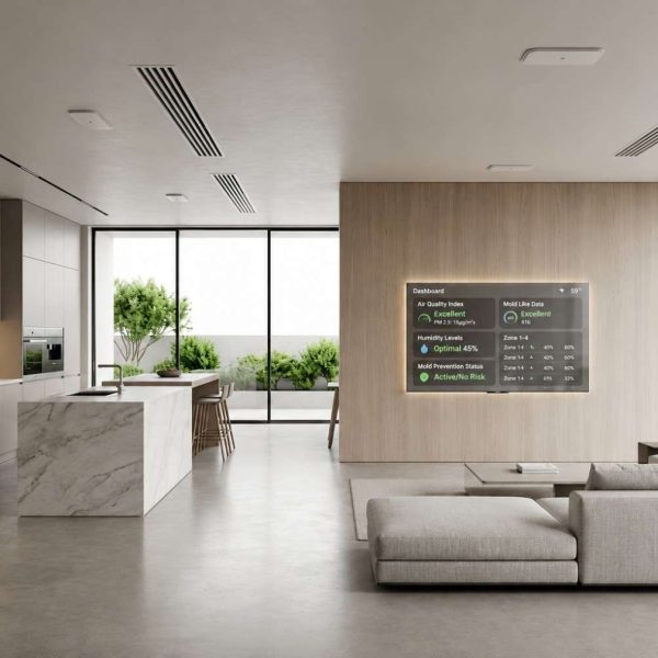 Modern smart home interior featuring indoor air quality monitoring and mold prevention technology. Advanced environmental sensors track humidity, air quality, and moisture levels to help prevent mold growth and water damage. Professional indoor environmental monitoring supports healthy living spaces, property protection, and proactive moisture management solutions.