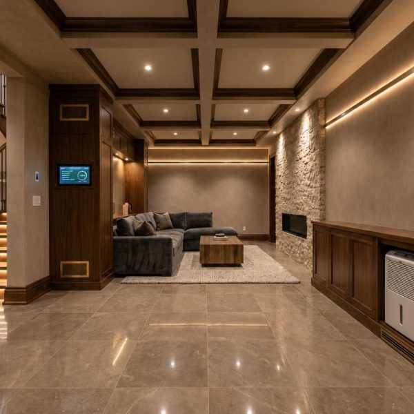 Luxury basement featuring a dehumidifier and smart indoor air quality monitoring system for moisture control and mold prevention. Professional humidity management helps protect finished basements, improve air quality, and prevent water damage. Advanced moisture control solutions support a healthier indoor environment and long-term property protection.