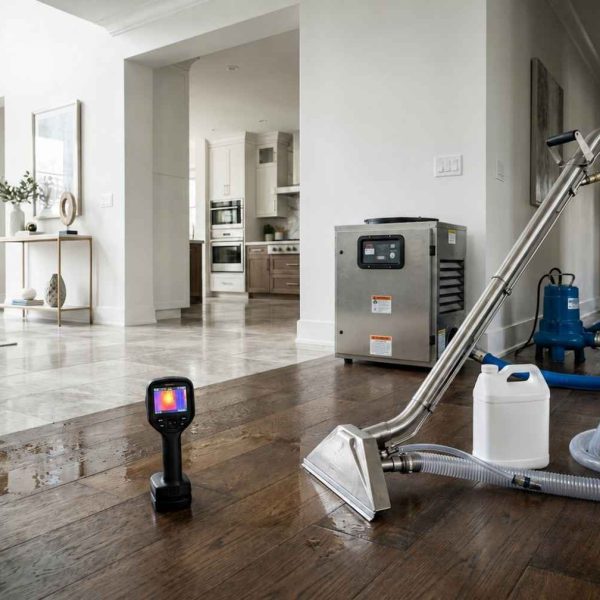 Professional water damage restoration service in a modern home, featuring hardwood floor drying equipment, moisture detection thermal camera, extraction wand, dehumidifier, and air mover. Emergency flood cleanup and water removal process to prevent mold growth and restore residential property after water damage.