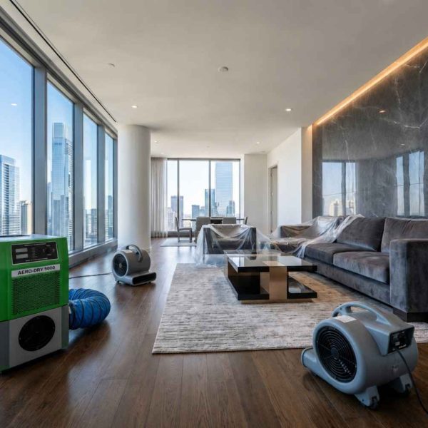 Water damage restoration in a luxury high-rise apartment, featuring commercial dehumidifiers, air movers, and structural drying equipment. Professional water mitigation and moisture control services help dry hardwood floors, prevent mold growth, and restore residential interiors after flooding, leaks, or water intrusion.