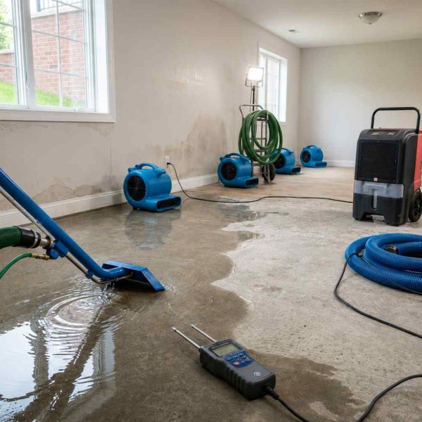 Basement water damage restoration and water extraction service, featuring commercial dehumidifiers, air movers, moisture meters, and flood cleanup equipment. Professional water mitigation removes standing water, dries concrete surfaces, prevents mold growth, and restores residential properties after basement flooding, leaks, or storm-related water intrusion.