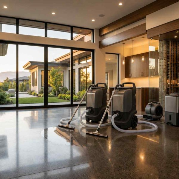 Professional water damage restoration in a luxury home, featuring commercial water extraction machines, dehumidifiers, and air movers drying polished concrete floors. Expert flood cleanup and structural drying services remove excess moisture, prevent mold growth, and restore residential properties after leaks, flooding, or water intrusion.