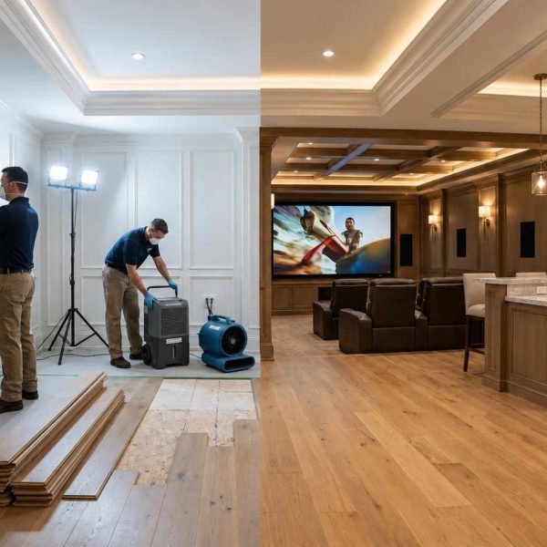Before-and-after water damage restoration in a luxury basement, showing moisture inspection, structural drying, hardwood floor replacement, and complete property restoration. Professional water mitigation services use thermal imaging, dehumidifiers, and air movers to repair water-damaged areas and restore residential interiors to pre-loss condition.
