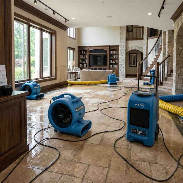 Professional water damage restoration in a luxury home, featuring commercial dehumidifiers, air movers, moisture monitoring equipment, and structural drying systems. Expert flood cleanup and water mitigation services remove excess moisture, prevent mold growth, and restore stone flooring and residential interiors after leaks, flooding, or water damage.